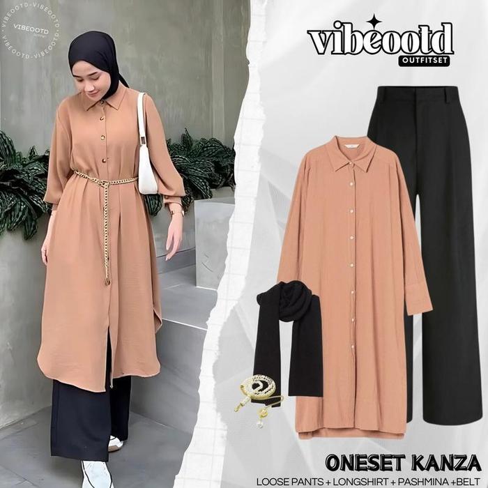 Kanza Outfit Set Wanita Hijab Bawahan Celana Loose Pants Panjang + Atasan Long Shirt Tunik Polos + P