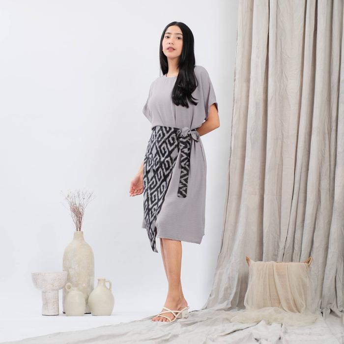 Granito.id - Kimmy Dress Songket Batik Katun Printing Crinkle Casual Wanita Midi Baju Pendek Pesta S