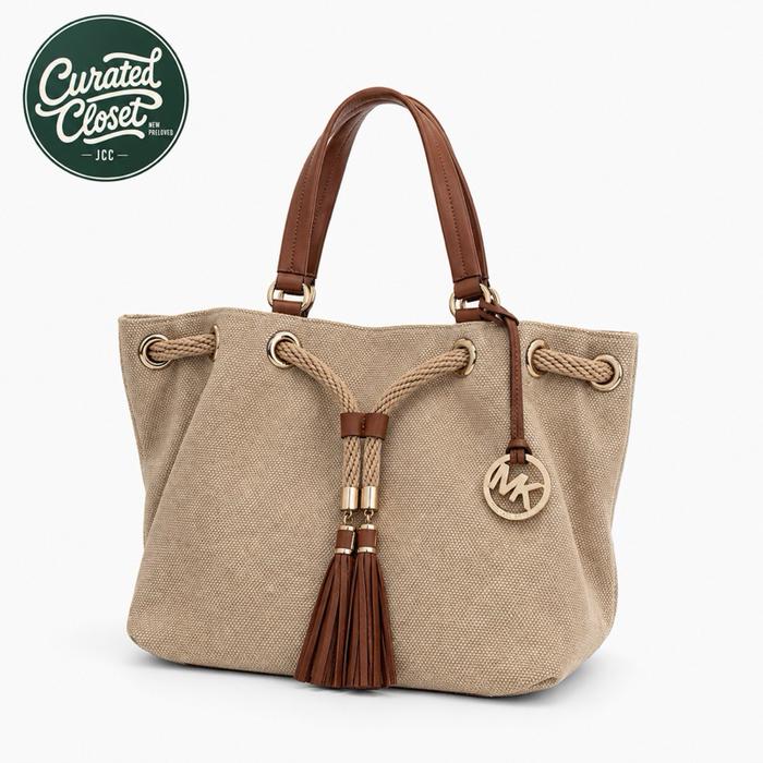Michael Kors Marina Jet Set Tote Beige/Brown Large Preloved Tas Selempang Canvas dengan Aksesori MK 