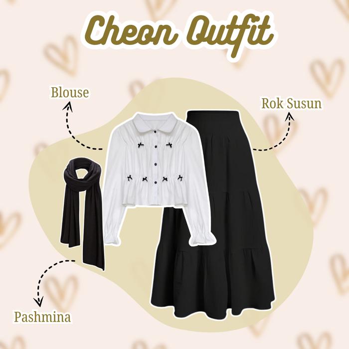 FullsunOutfit One Set Cheon { Blouse Pita + Rok Susun Hitam + Pashmina } Setelan Wanita Hijab Kekina
