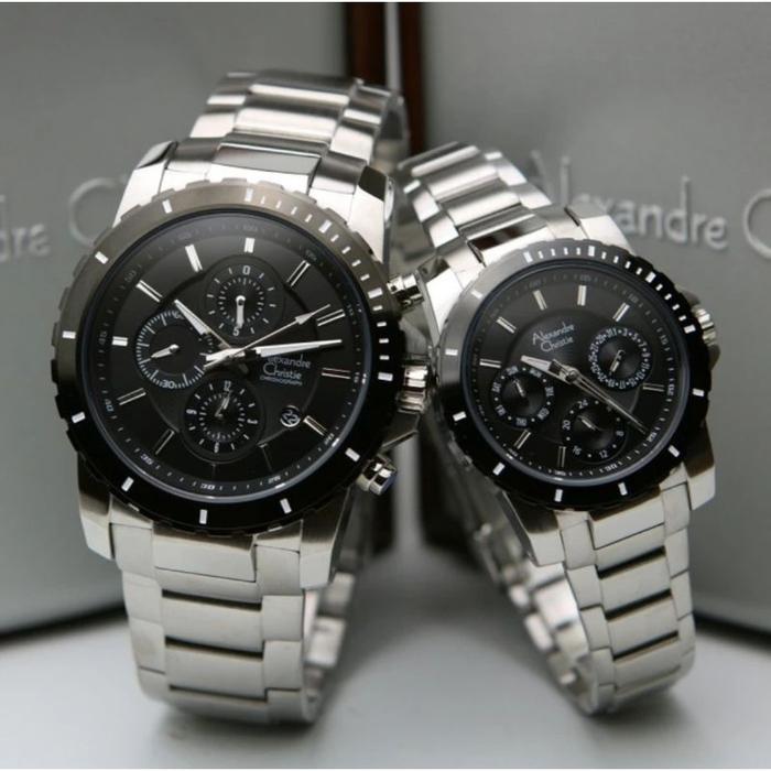 ORIGINAL GARANSI RESMI JAM TANGAN COUPLE ALEXANDRE CHRISTIE SILVER BLACK RANTAI STAINLESS STEEL ARLO