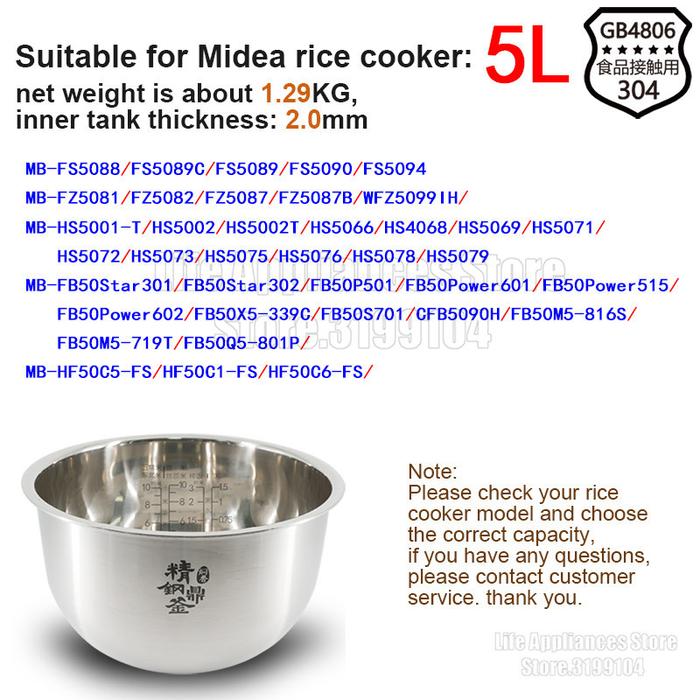 Midea Rice Cooker Liner Tanpa Lapisan Anti Lengket 304 Bahan Baja
