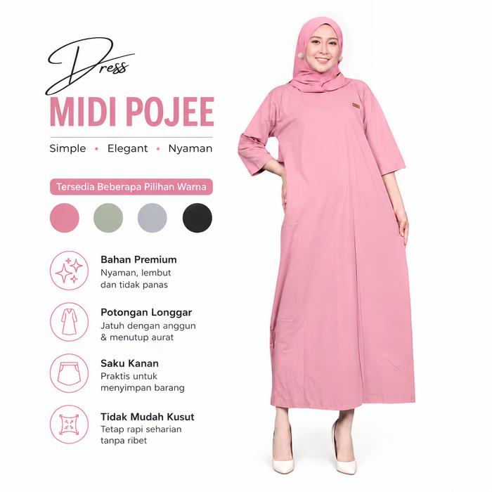 POJEE Midi Dress Polos Wanita Dewasa Bahan Combed 20's Premium Gamis Polos Modern Simple Elegan Leng