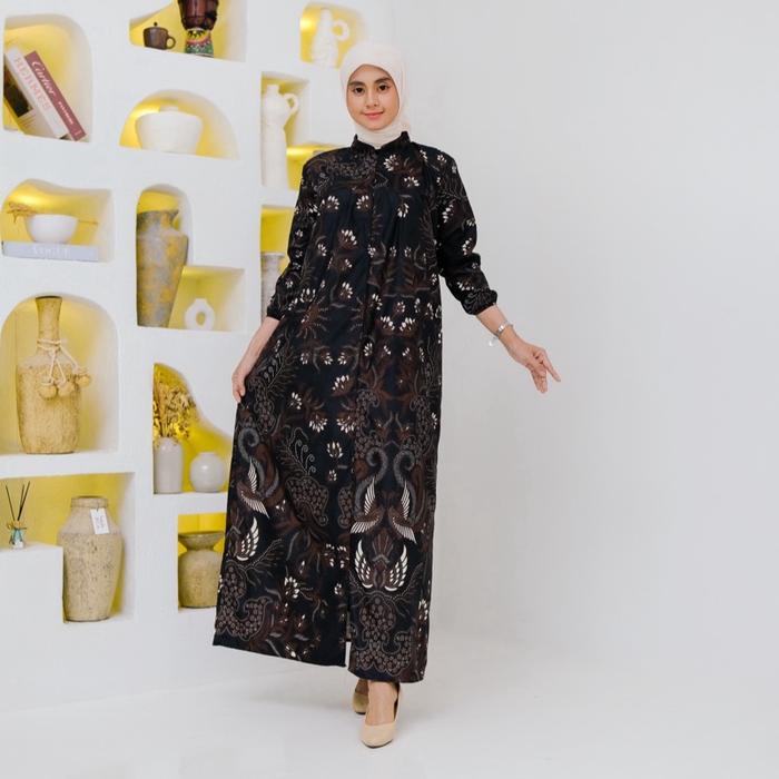 mudlimah Midi Batik Mewah Serut Elegan Busui Frenly Motif jalak putih- Bunga, Katun, Syari, Lebaran,