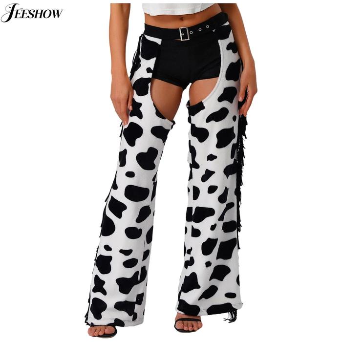 Womens Cowgirl Costume Flannel Cow Spot Print Chaps Adjustable Waist Hollow Out Open Crotch Pants Bi