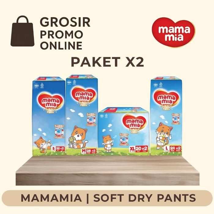 [PAKET 2 BALL] MAMAMIA Popok Bayi Tipe Celana Premium S34 M30 L26 XL22 - Super Lembut Extra Kering S