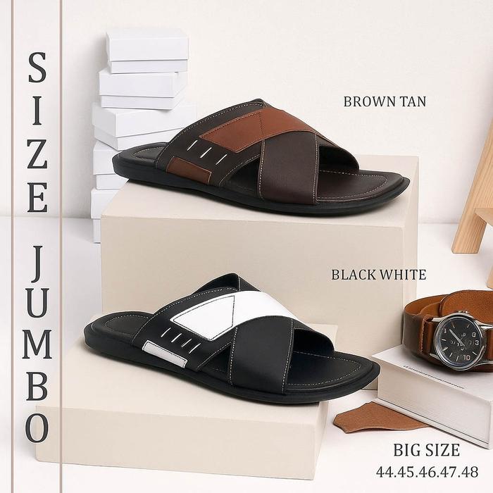 Selop No 44 45 46 47 48 / Sandal Kulit Garut Casual Pria Ukuran Jumbo Besar / Sendal Slop Kulit Asli