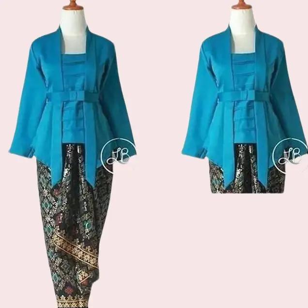 Setelan Kebaya Kutu Baru Pita Bahan Katun Warna Tosca dan Rok Batik Wanita Kain Lilit Bahan Semi Sut