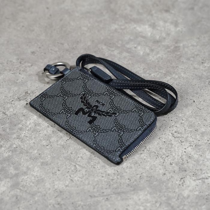 Dompet MCM HIMMEL MONOGRAM BLACK GREY L-ZIP CARD LANYARD 100% ORIGINAL