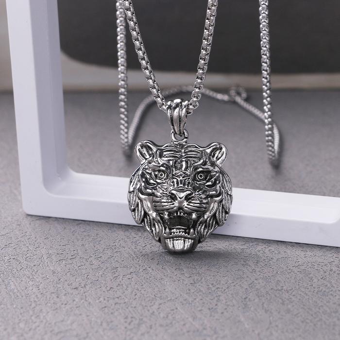 Kalung Liontin Fashion Desain Kepala Macan / Maung Silver Gaya Retro Unisex
