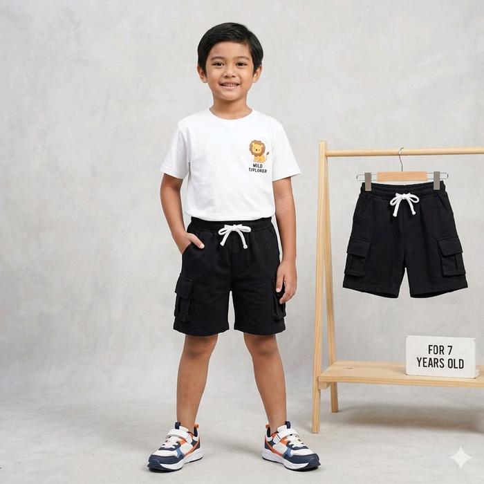 Celana Pendek Anak Cotton Kargo Laki-laki Perempuan Usia 1-10 Tahun Melar Material Knit 3 Pcs dengan