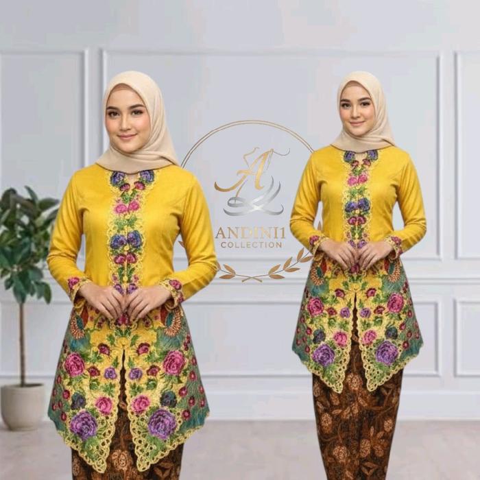 Andini1 Collection Kebaya Encim Dewasa Sulam Bordir Merak Lengan Panjang Bahan Katun Toyobo Hitam Uk