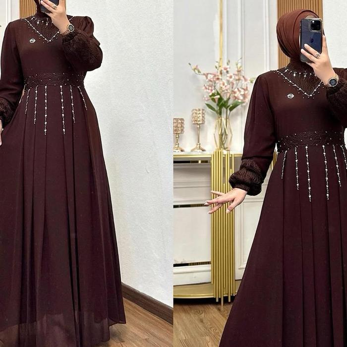 Dress Laudya Kondangan Lebaran Cantik Bahan Ceruty Baby Doll Full Puring Plus Brukat Mewahh Elegan G