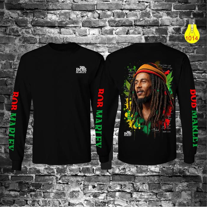 Baju Atasan Kaos T-shirt Pria Distro Motif Bob Marley Lengan Panjang Katun Dewasa Cowok Keren