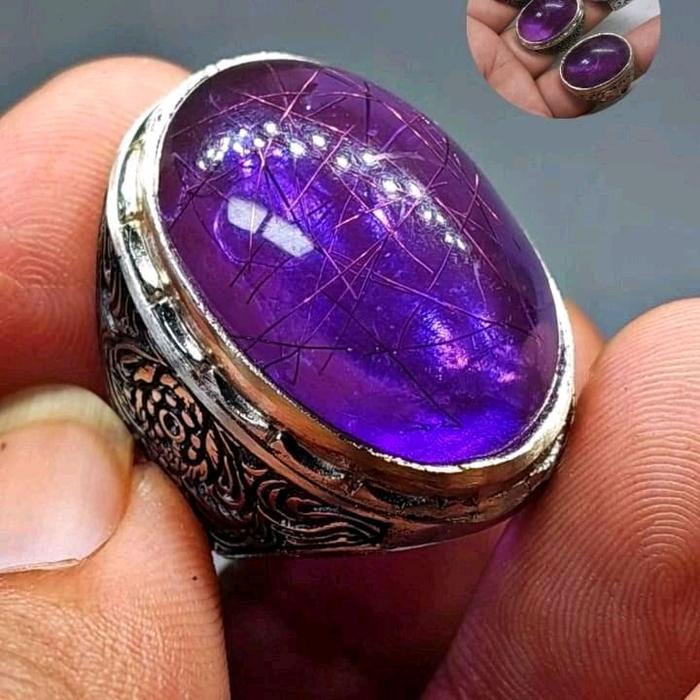 Cincin Batu Akik Kecubung Ungu Amethys Serat Emas Dimensi 30mm