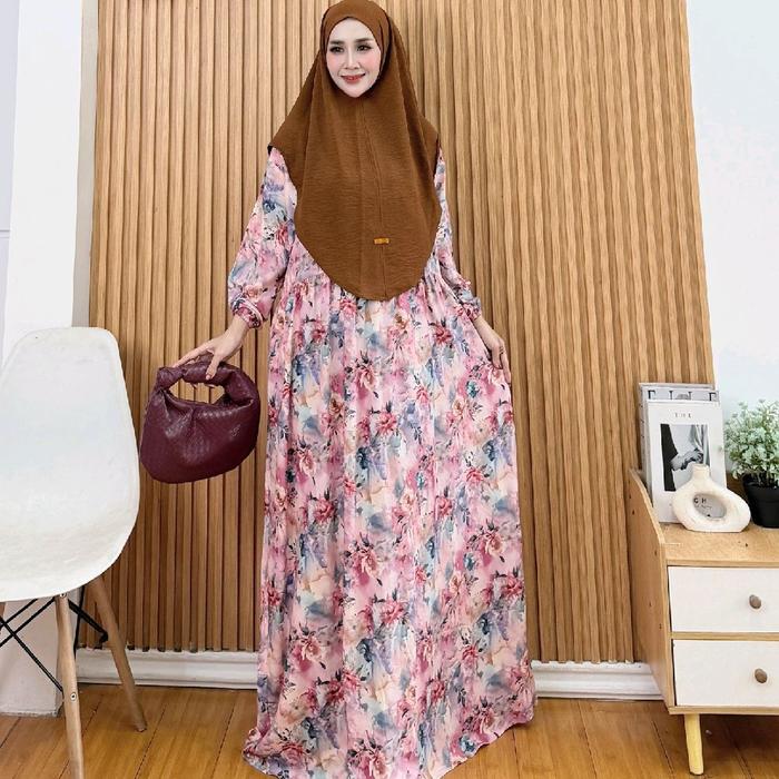 Gamis Motif Bunga Kain Rayon Premium