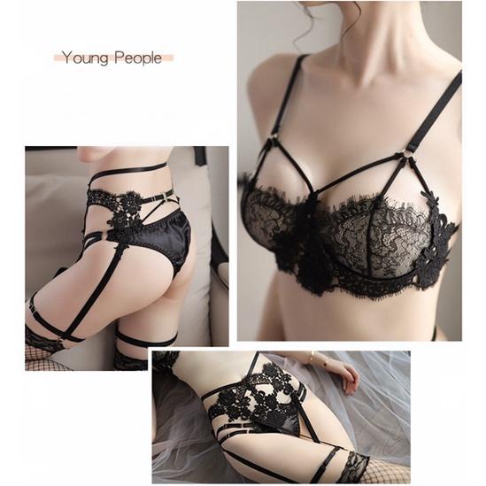 Wanita Lingerie Sexy Renda Bikini G String Set Garter belt dan Stoking 3B017
