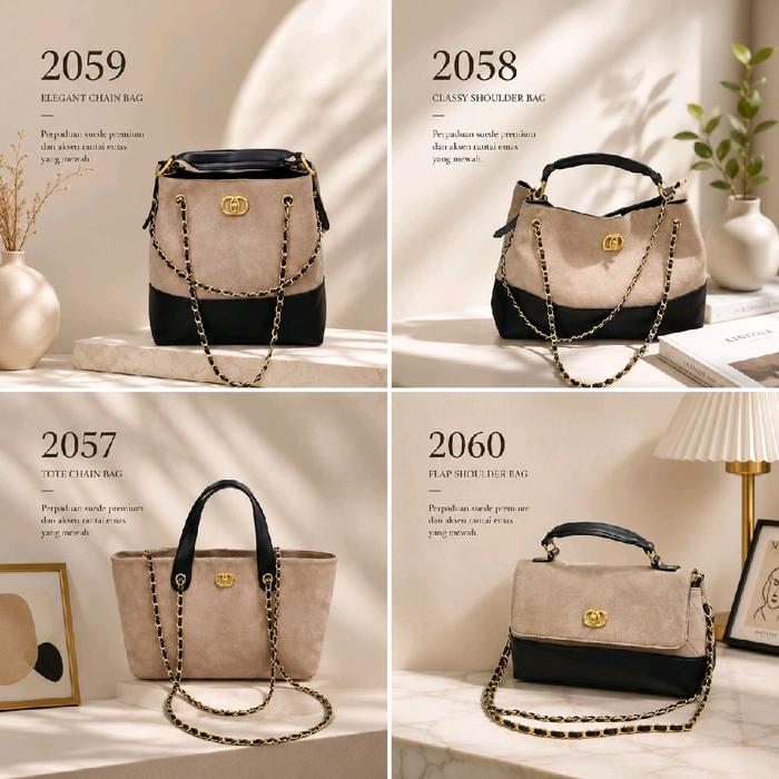 JC Tas Wanita Lohasys 2059 Vintage Bucket Shoulder Bag Chain Strap dengan Desain Elegan dan Tali Ran