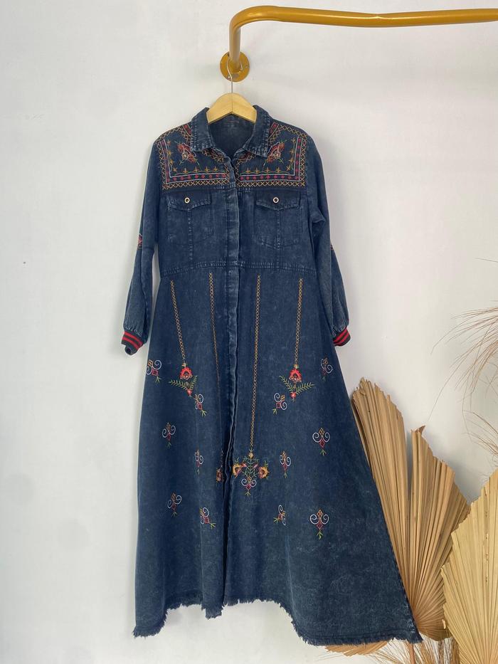 Anelia Runa Grey Dress Gamis Jeans Anak Perempuan Usia 9-14 Tahun Bahan Denim Premium Motif Bordir B