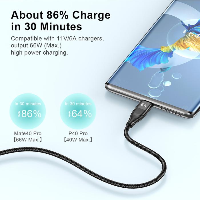USLION 6A USB Type C Cable For Huawei P40 P50 Pro 66W Fast Charge