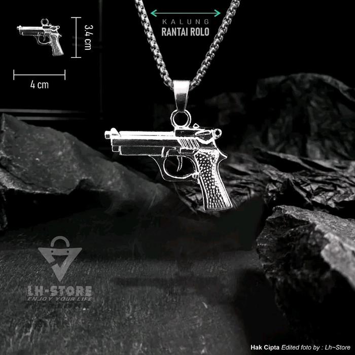 HANDGUN KALUNG TITANIUM DISTRO GAYA VINTAGE UNISEX | Tali Hitam Kulit