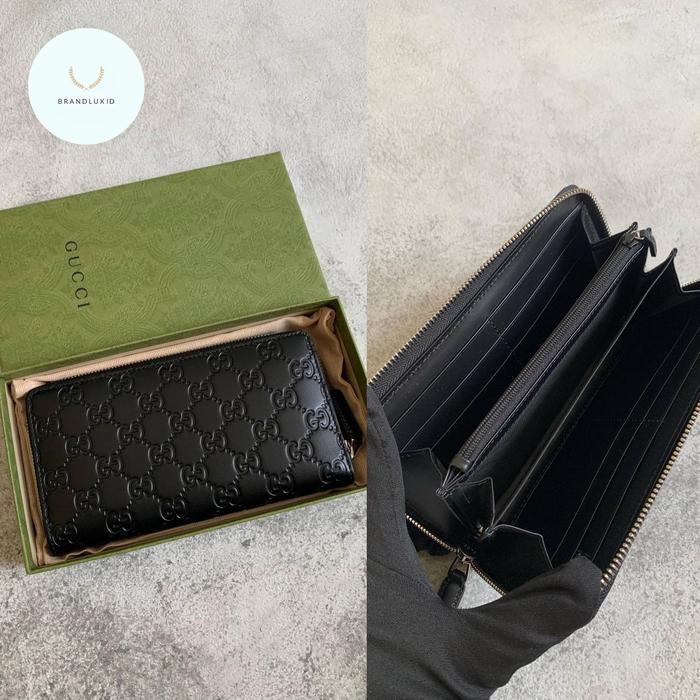 GUCCI WALLET LONG ZIP GG LOGO EMBOSSED LEATHER BLACK