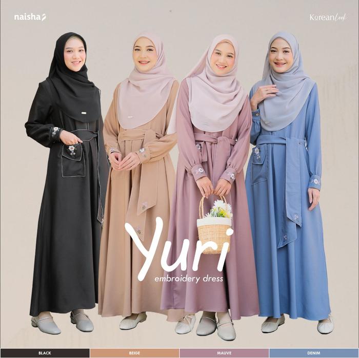 Dress Naisha + Yuri Bordir Bunga + Gamis Syari Panjang - Manset, Kancing