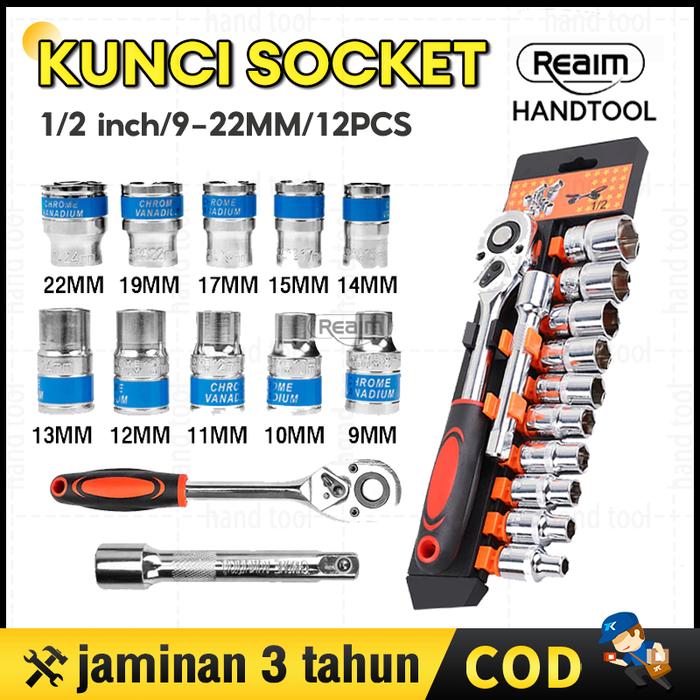 Reaim Kunci Set 1/2inci Socket Sok 12pcs CR-V Kunci Sok Wrench Rachet alat perkakas lengkap motor Ra