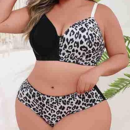 Larger Size Bra Set With Steel Ring Women'S Patchwork Leopard Print Gathered Comfortable Breathable