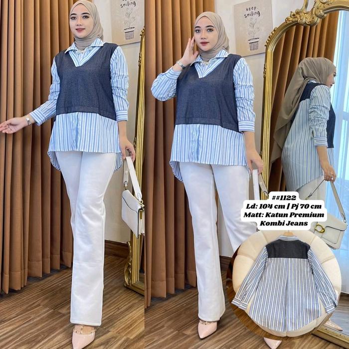 wholesale Grace Lee Pgmta kemeja salur kombinasi denim seri 4 pcs