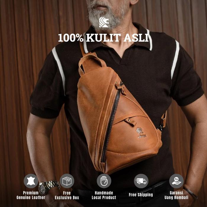 Reven Mirage Original Tas Selempang Pria Kulit Asli Premium Multifungsi Waist Bag Casual Brown & Tan