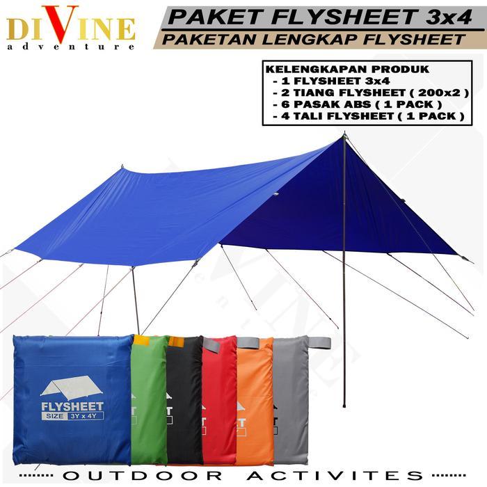 paketan flysheet tenda camping size 3x4 waterproof lengkap 1 flysheet 3x4 + 2 tiang + 6 pasak abs +