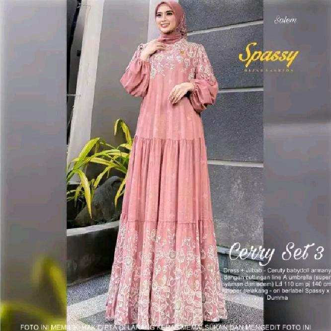 Cerry Set#3/ Gamis Set Hijab Ori Spassy/ Gamis Ceruty Mewah