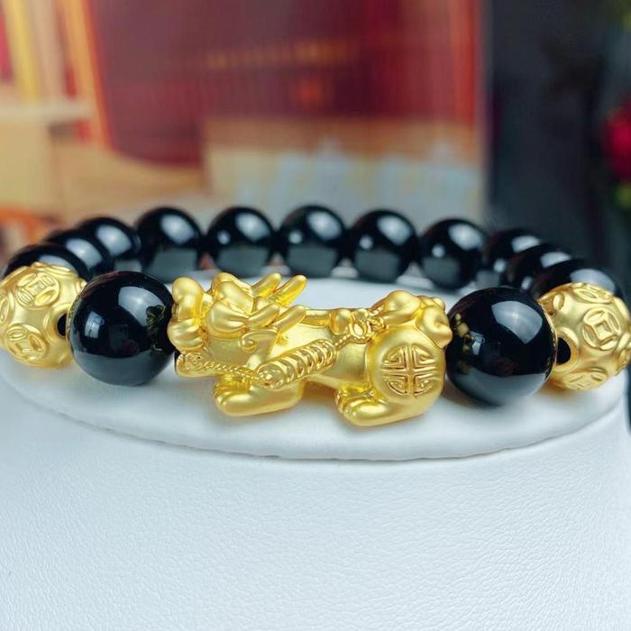 PQ-00 Gelang Pixiu Obsidian Alami Model Pasangan Uniseks Keahlian 5D Dinding Tipis Berongga gelang  