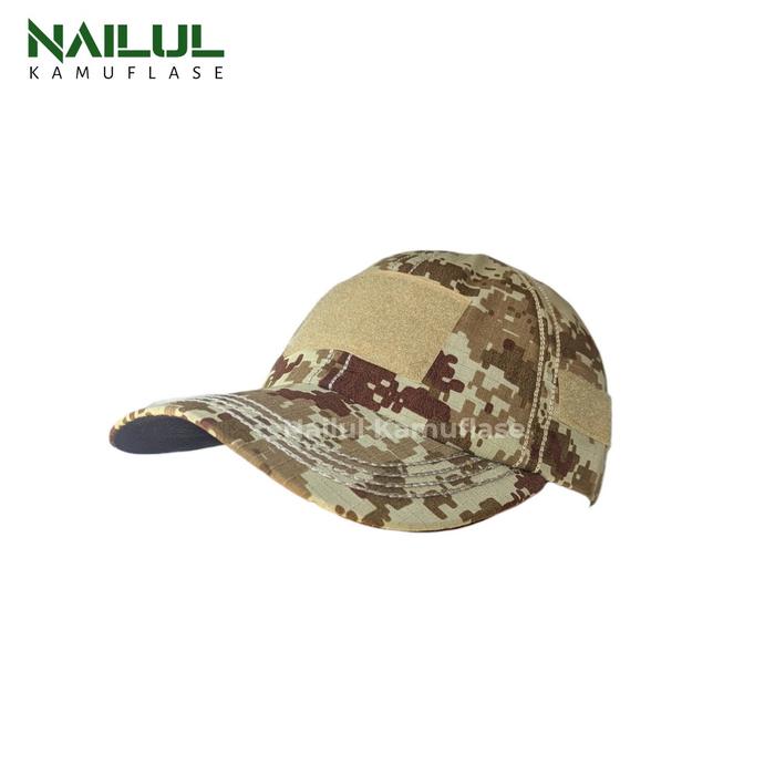 Topi Loreng Army Gurun Kain Ribstop Serat Kotak-Kotak Velcro Perekat Outdoor