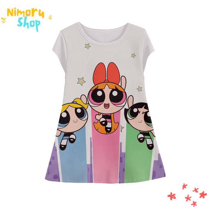 Baju Dress Anak 3D Tunik-Powerpuff-1-designWD Anime The Powerpuff Girls Tunik Untuk Usia 1-12 Tahun