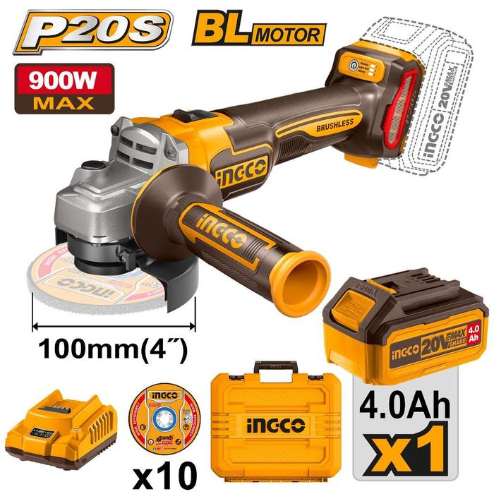 Cordless Angle Grinder 4" Brushless INGCO CAGLI211041 Mesin Gerinda Inch P20S