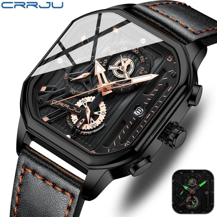 New CRRJU Jam Tangan Pria Tren Fashion Asli Kreatif Panggil Persegi Kulit Kuarsa Tahan Air 2302
