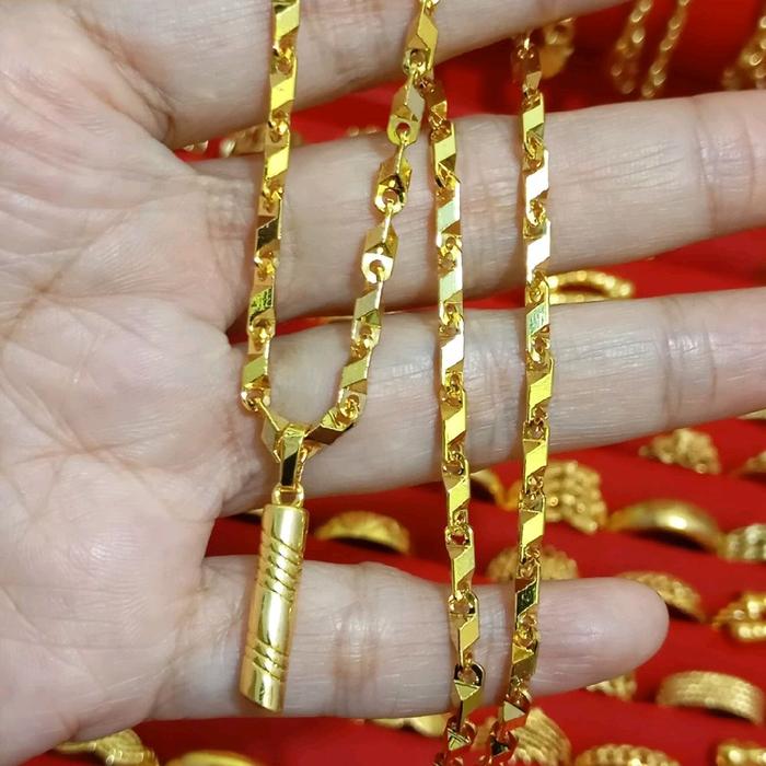 kalung koin mesin motif balok mini dan liontin bambu kuning 24k