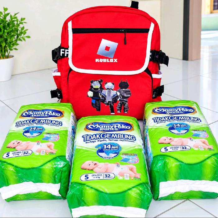 paket murah 3 bungkus MamyPoko Pants Ukuran S (4–8 kg, 32 lembar/bungkus) + 1 Tas Ransel anak Roblox