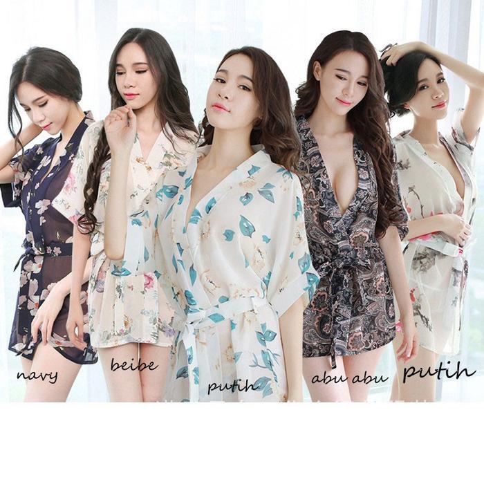 Kimono Sifon Motif bunga Set Gstring Lingerie Baju Tidur Sexy Hot Menggoda Malam pertama Jumbo