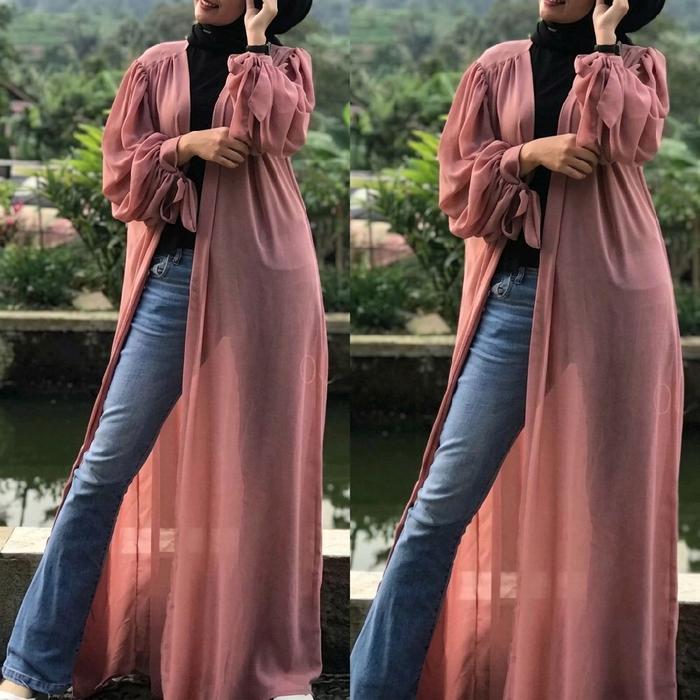 Mahira Long Outher Lengan Balon Ceruty Babydoll Cardigan Panjang Wanita Kekinian Outer Muslim Bahan 