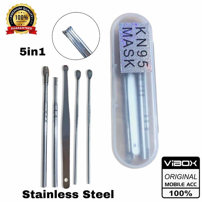 PM - KN-95 Mask Korek Kuping Stainless Stell Set 5 In 1 Alat Pembersih Perawatan Telinga Spiral Set