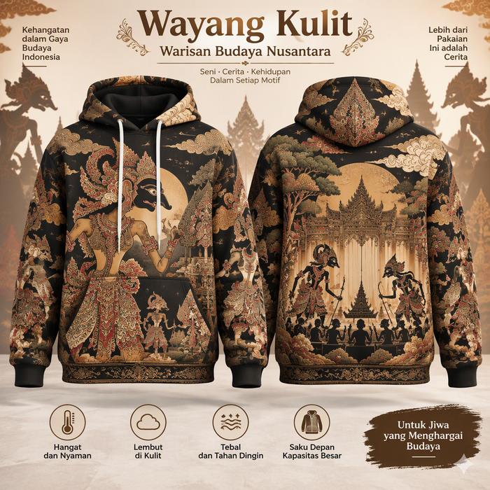Hoodie Wayang Kulit Pria Wanita Motif Budaya Nusantara Hitam Tipis Lengan Panjang Kupluk Saku Depan 