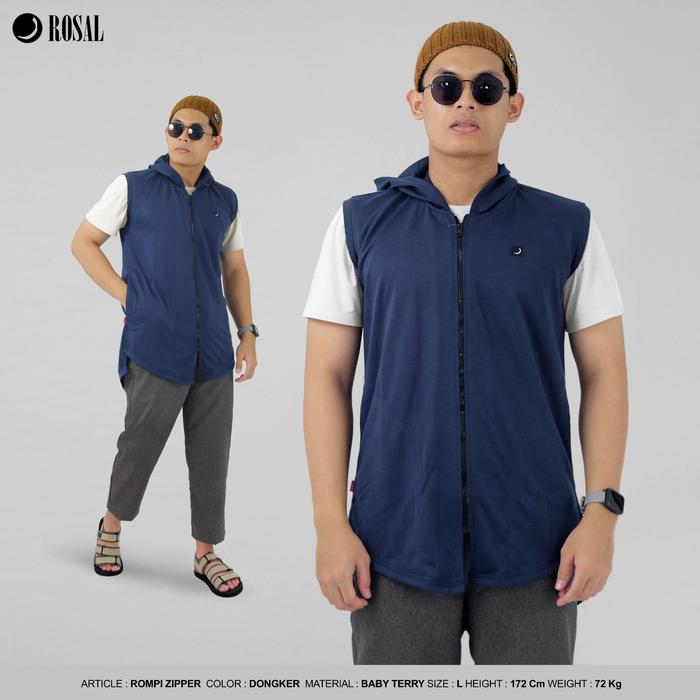Rompi Zipper ROSAL Dongker -Rompi Sholat Pria Hoodie Bahan Baby Terry Tebal Hangat Praktis Resleting