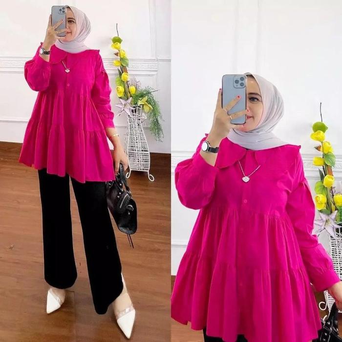 Elly Fashion Atasan Blouse Mora Bahan Katun Rayon Model Simple Elegan Fit To XL Warna Fuschia Terbar