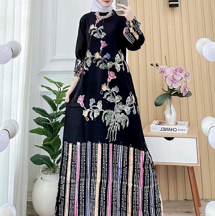 gamis cap motif garis bawah. baju wanita panjang