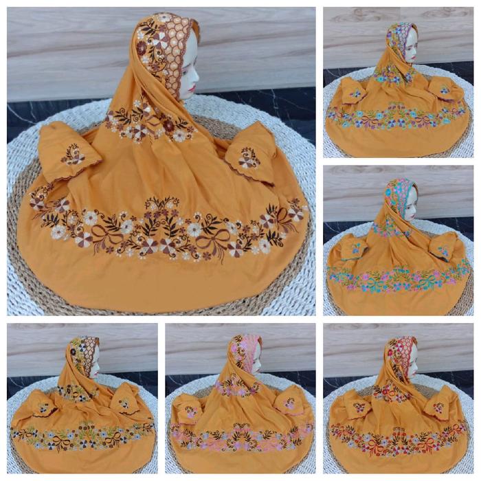 Mukena Terusan Dewasa Ala Santri Motif Pitaloka Bahan Katun Polino Warna Mustard Kuning Kunyit Bordi