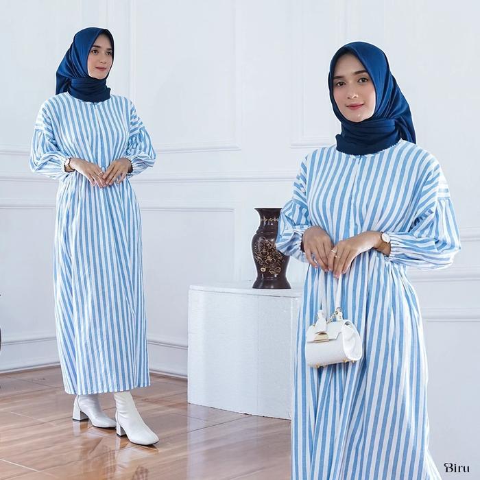 Midi Salur LD 110 CM PJ 120 CM Tunik Midi Dress Gamis Motif Salur Garis Poly Rayon Fashion Muslim Wa