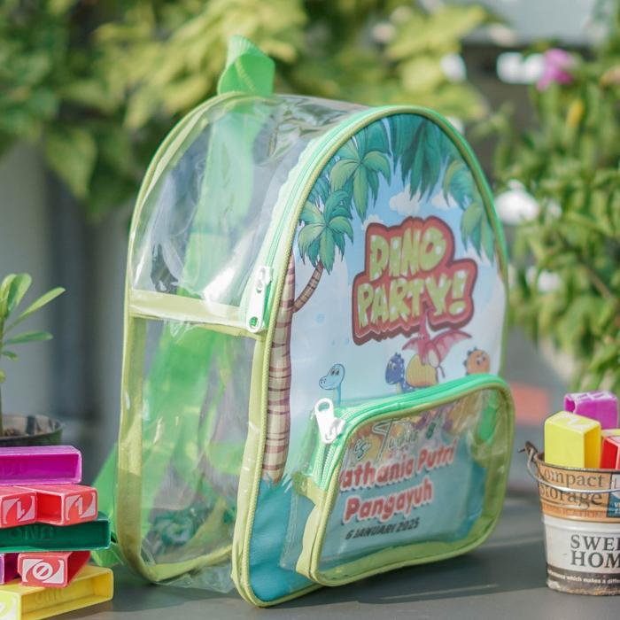 STOK TERBATAS Custom Tas Ransel Anak Bahan Mika bening kombinasi kulit sintetis print, cocok untuk u